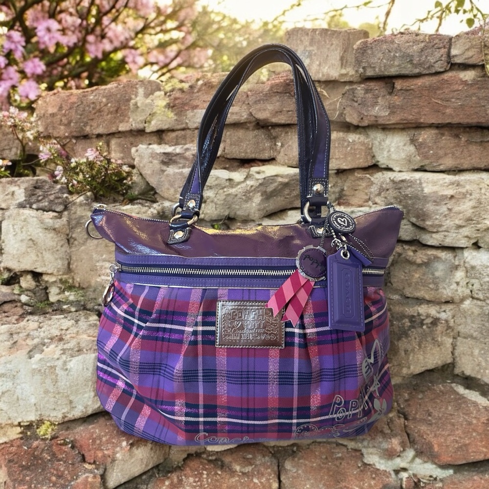 Coach Tartan Plaid Glam Tot Pink & Purple Poppy &  5 Hang Tags -‎ Collectible - Picture 3 of 15
